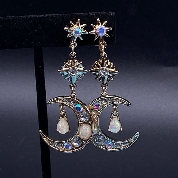 Celestial Opal AB Rhinestone Earrings Gold Tone Pierced Long Dangle - Picture 3 of 10